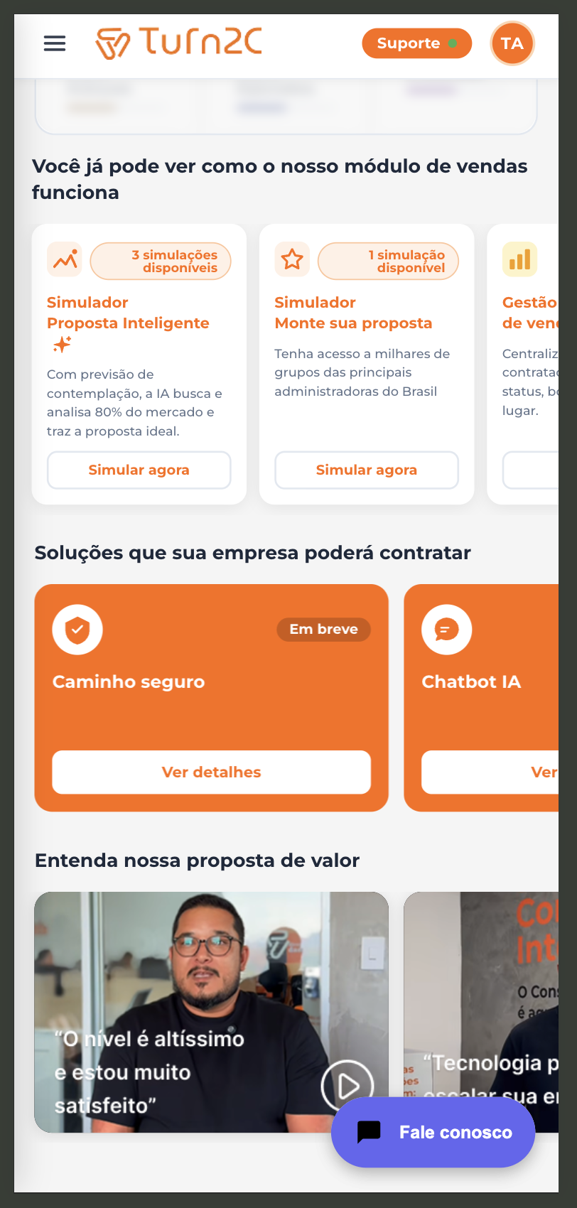 Mobile home screen showing sales modules available for exploration: Smart Proposal Simulator, Build your proposal Simulator, and Solutions section with Safe path and AI Chatbot