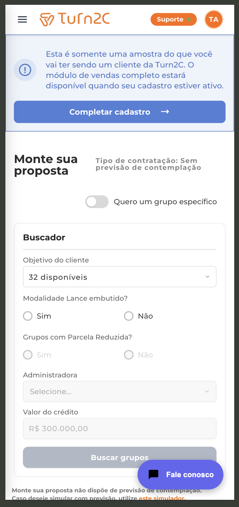 Mobile screen of the Build your proposal Simulator in demonstration mode: group search with objective, modality, administrator and credit value fields, with a CTA to complete registration